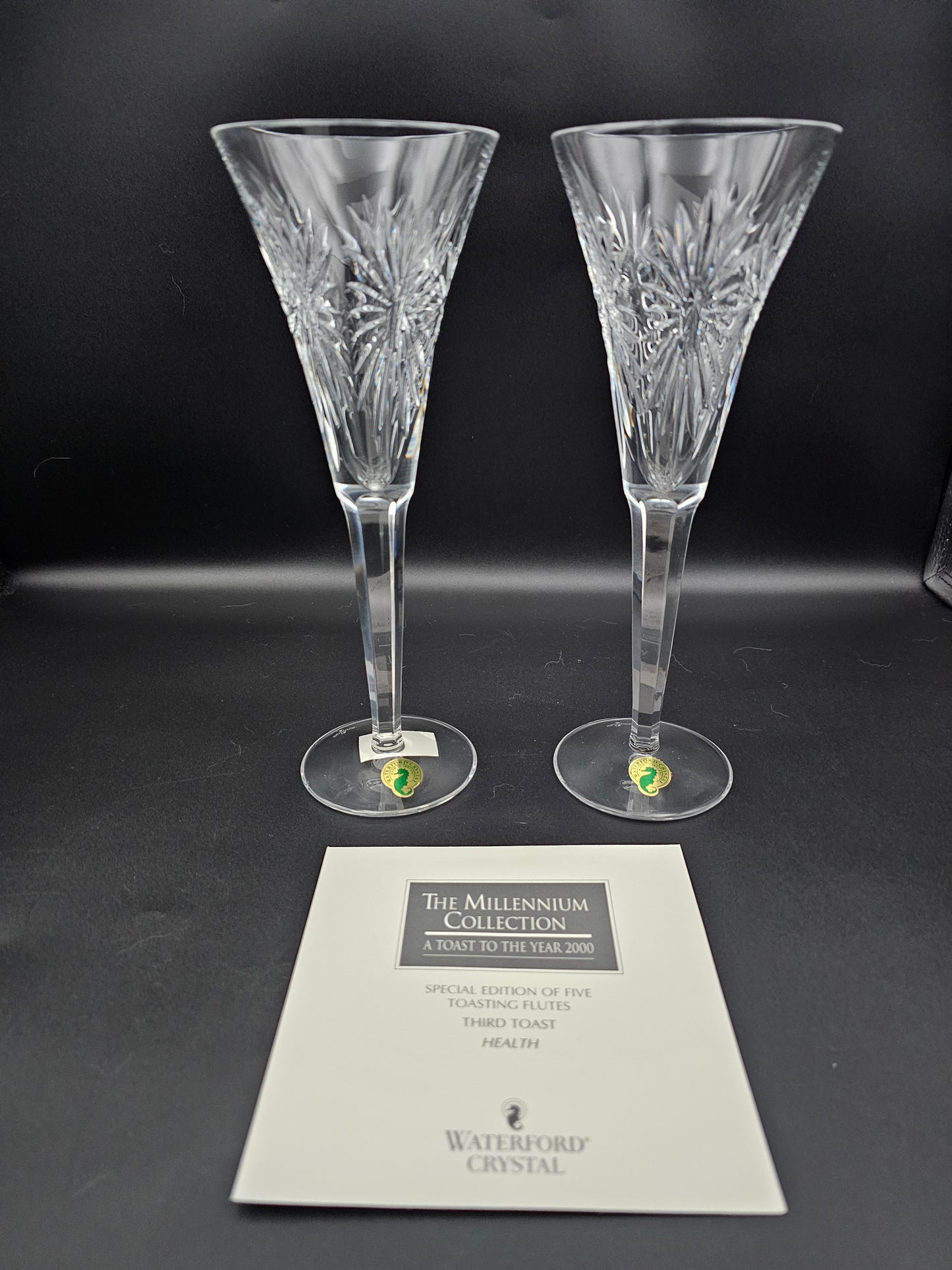 Waterford Crystal The Millennium Collection a toast to the Year 2000 Toasting Flutes Pair. Third Toast Health