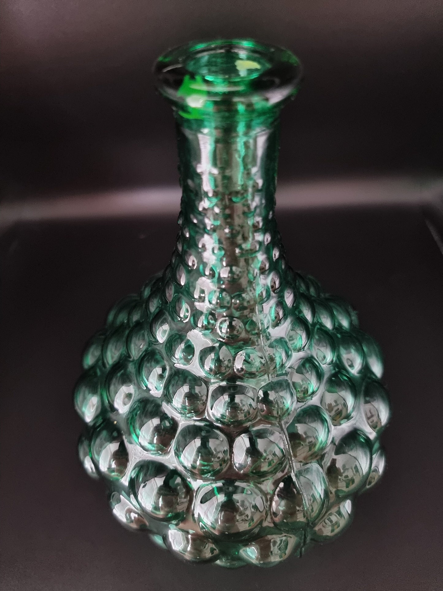 Stunning Vintage Midcentury Olive Green Italian Bubble Hobnail Art Glass Bottle Decanter Vase