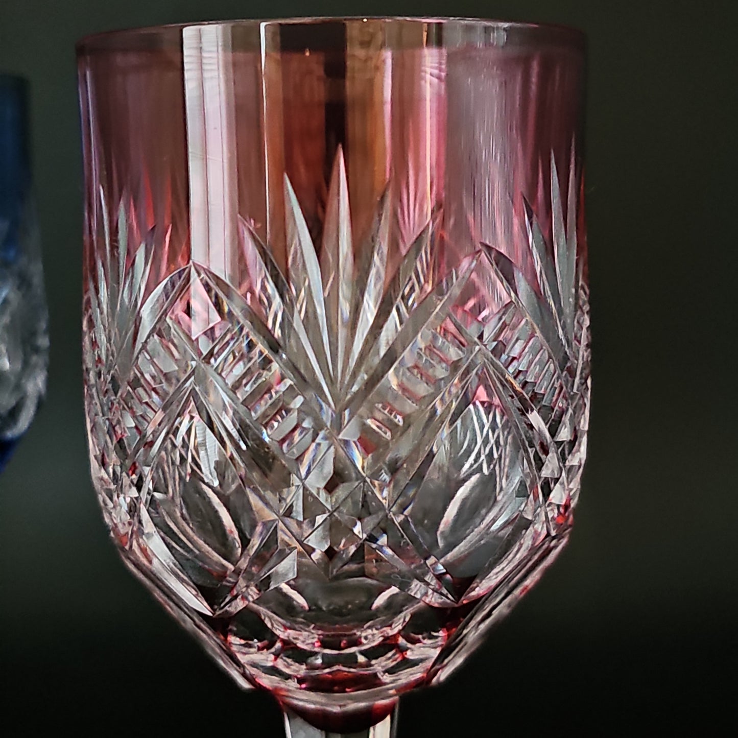 Stunning Pair of Kagami Crystal cut to Clear Crystal Wine Glasses. Pink & Blue