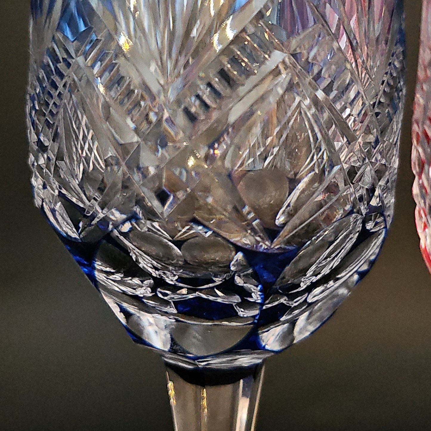 Stunning Pair of Kagami Crystal cut to Clear Crystal Wine Glasses. Pink & Blue