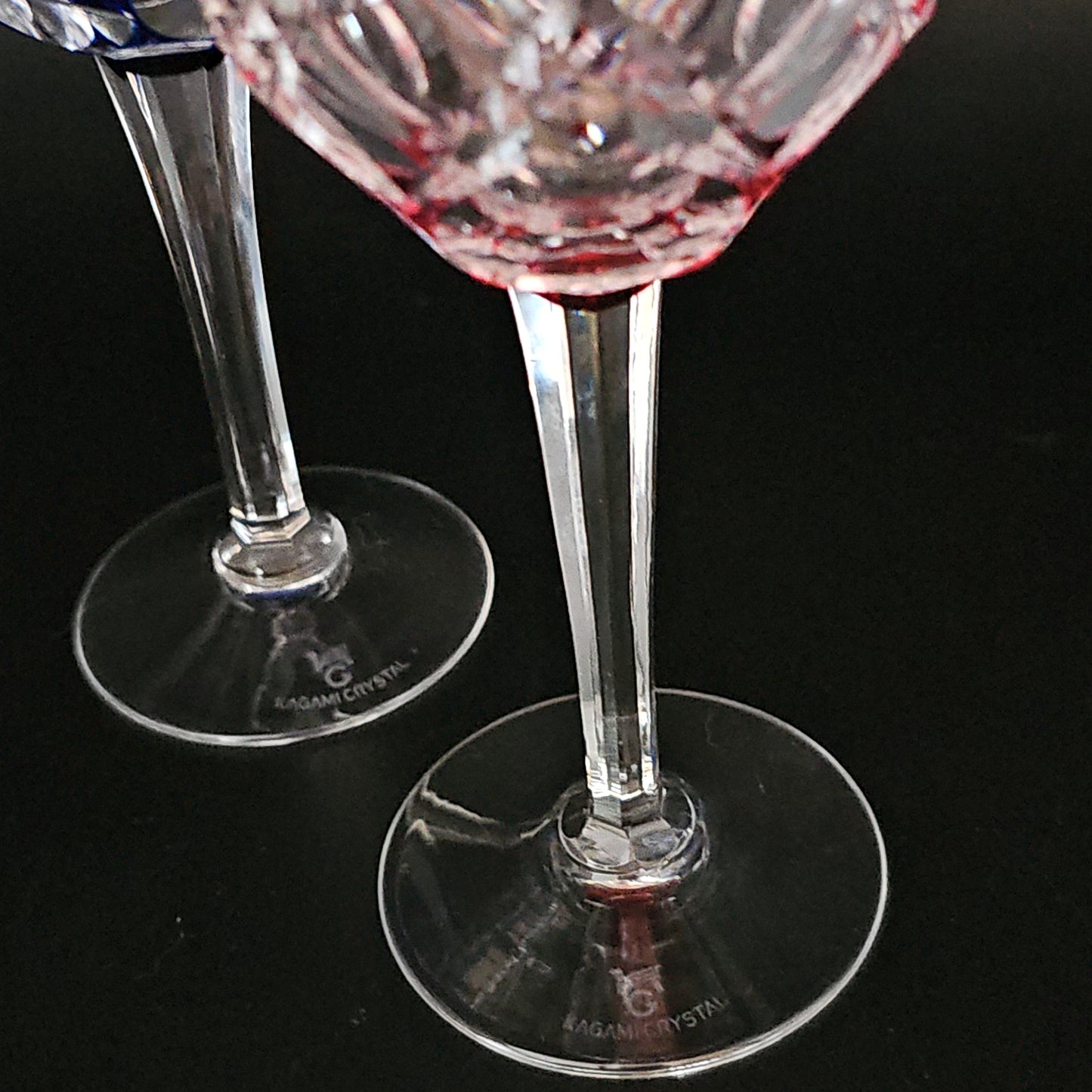 Stunning Pair of Kagami Crystal cut to Clear Crystal Wine Glasses. Pink & Blue