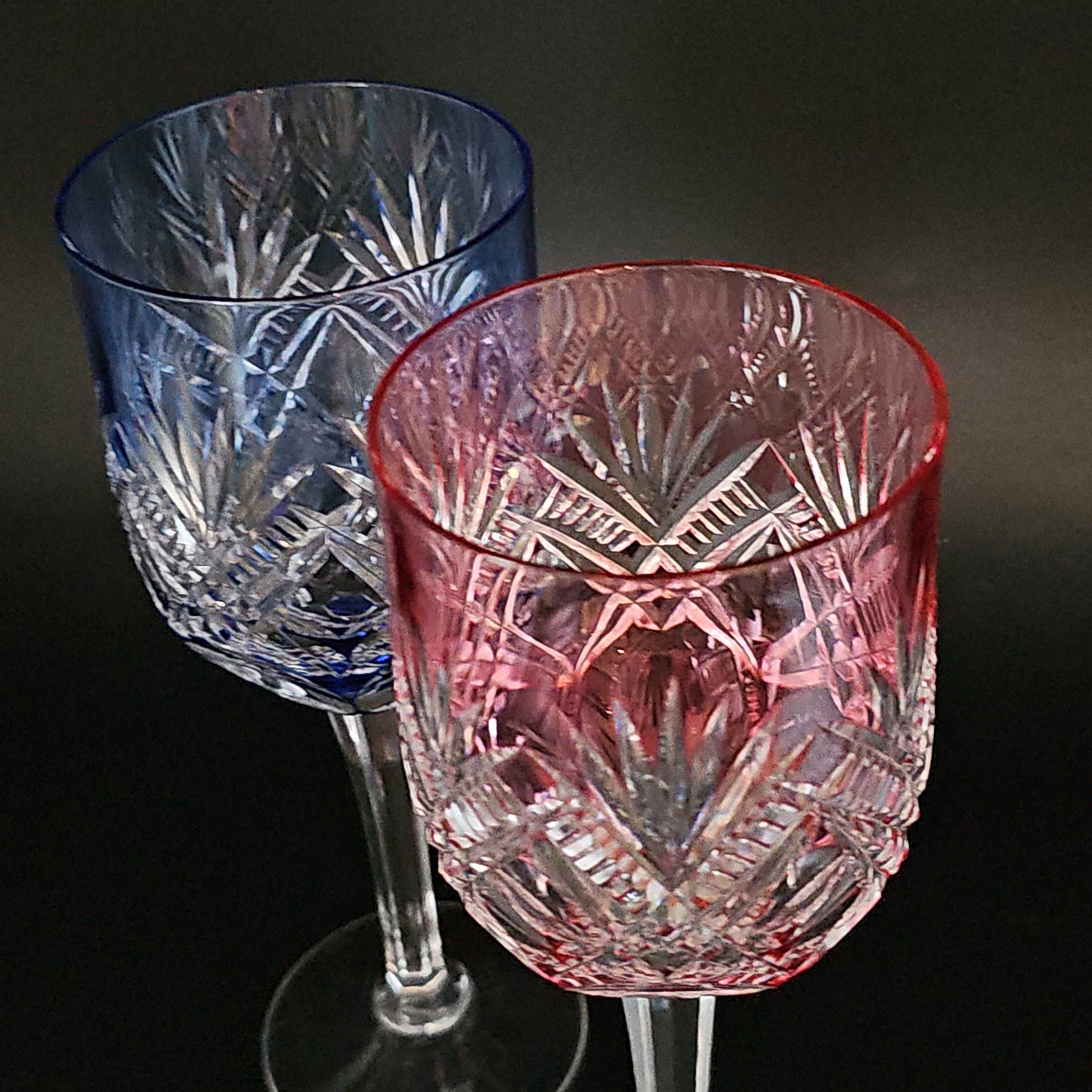 Stunning Pair of Kagami Crystal cut to Clear Crystal Wine Glasses. Pink & Blue