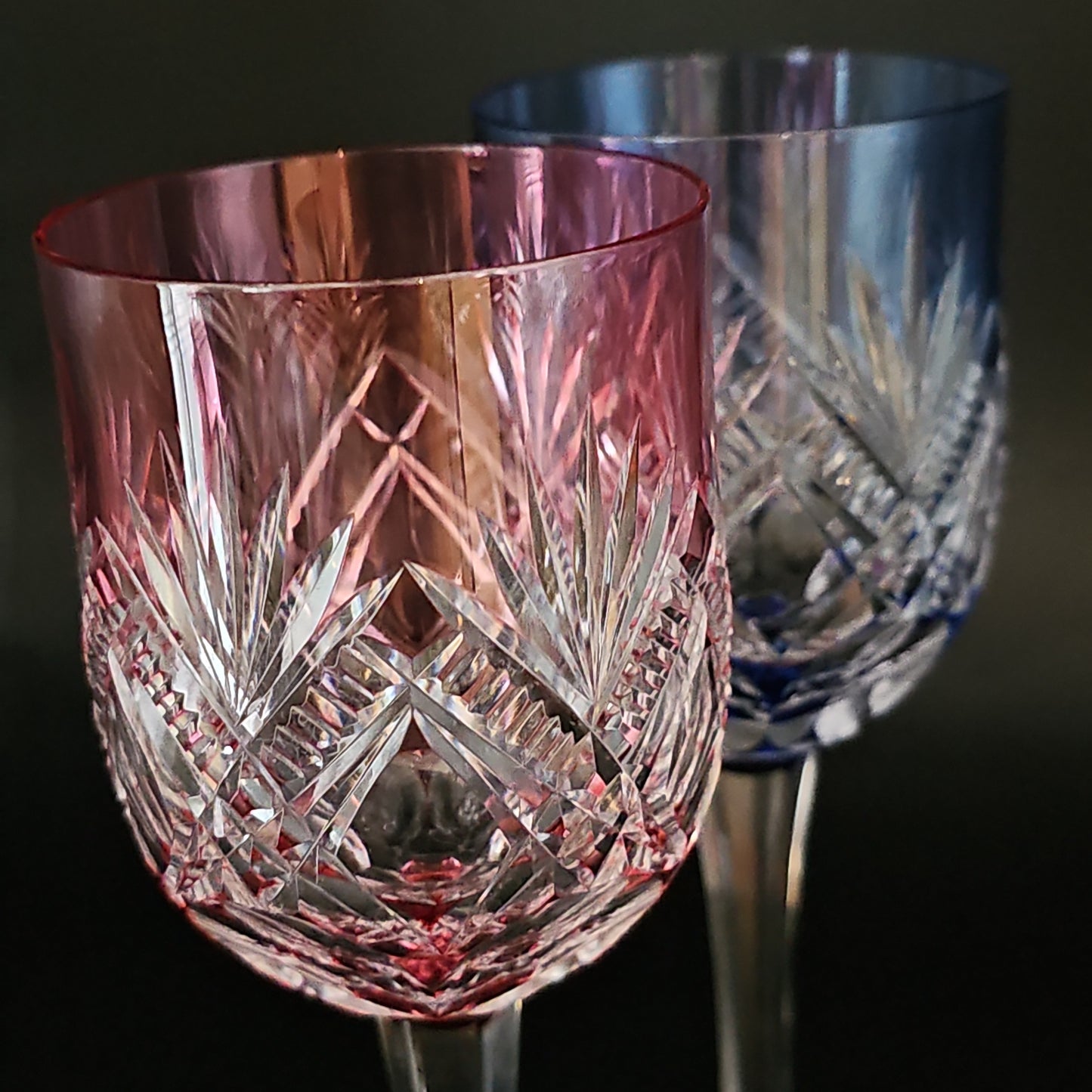 Stunning Pair of Kagami Crystal cut to Clear Crystal Wine Glasses. Pink & Blue