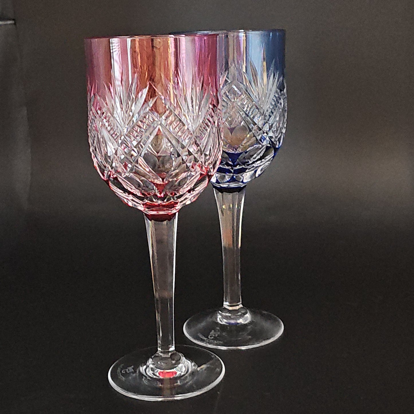 Stunning Pair of Kagami Crystal cut to Clear Crystal Wine Glasses. Pink & Blue