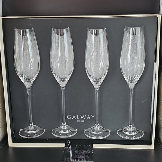 Galway Living Crystal Fire pattern Champagne flutes. Set of 4.