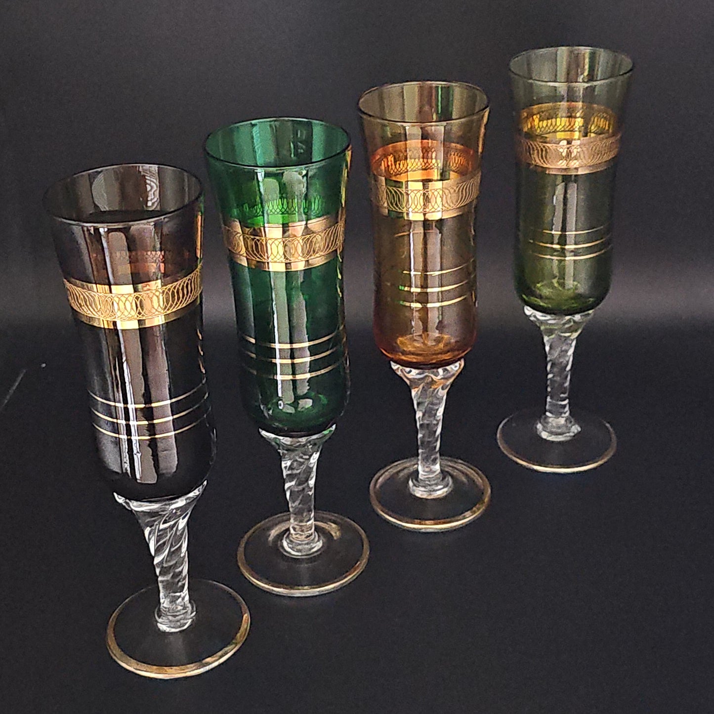 Vintage Stemmed Italian Murano Glass coloured Champagne Flutes