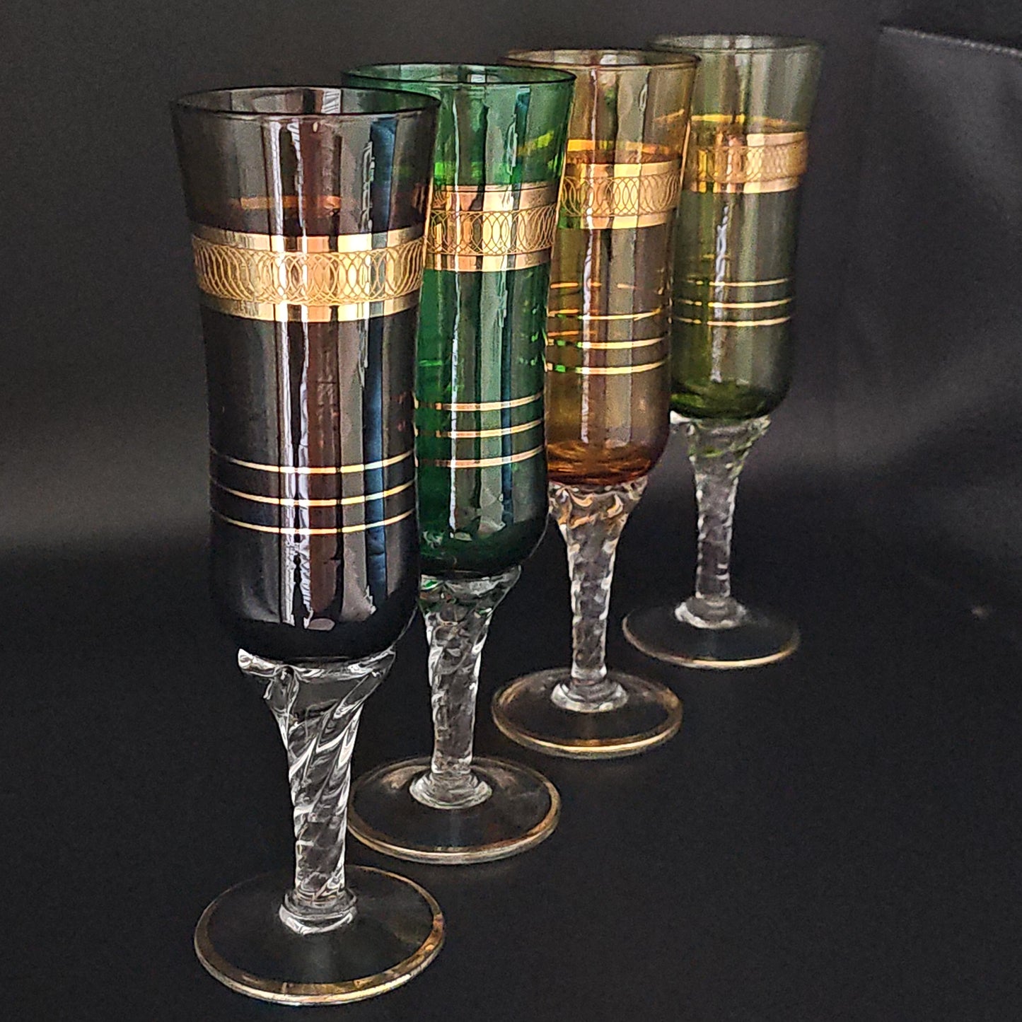 Vintage Stemmed Italian Murano Glass coloured Champagne Flutes