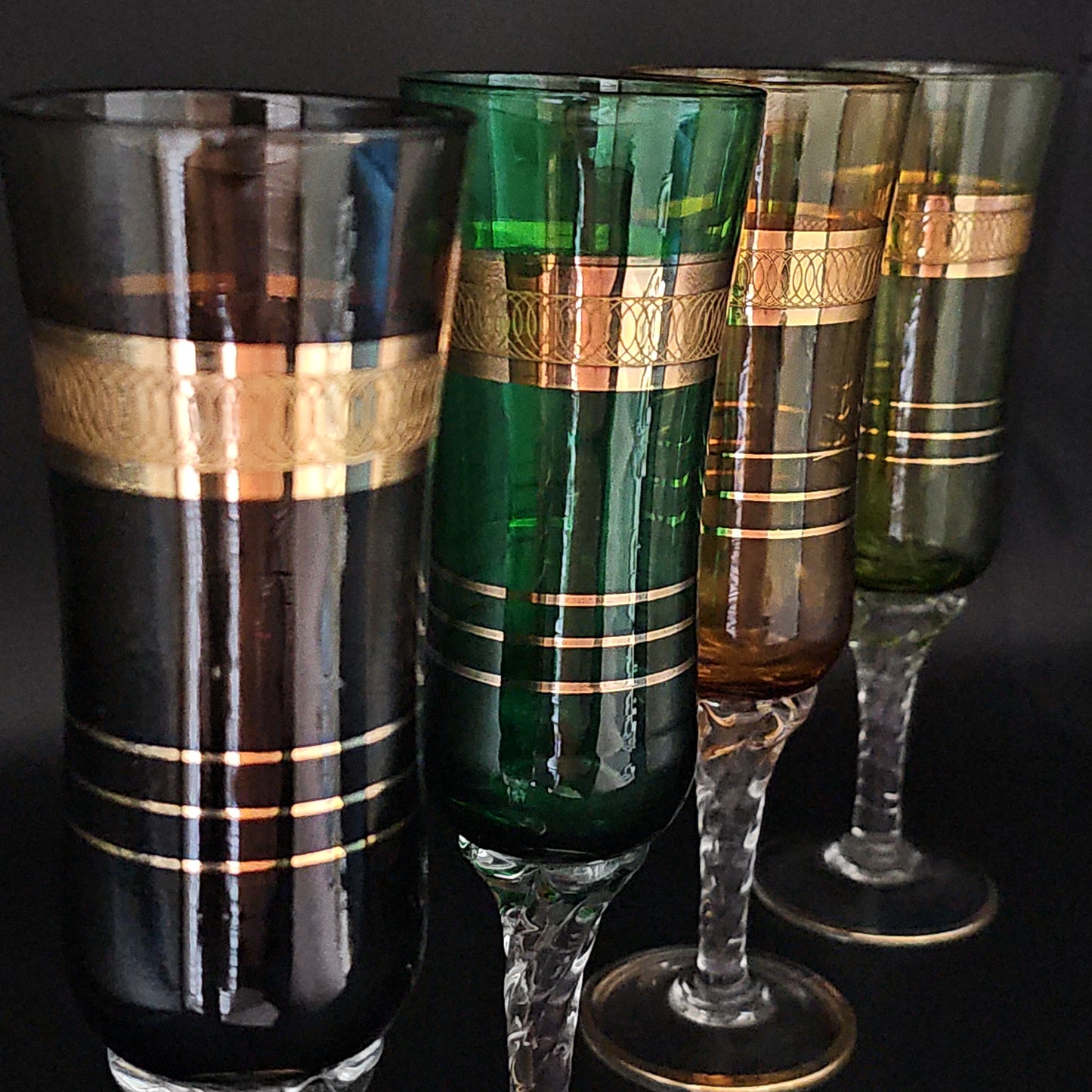 Vintage Stemmed Italian Murano Glass coloured Champagne Flutes