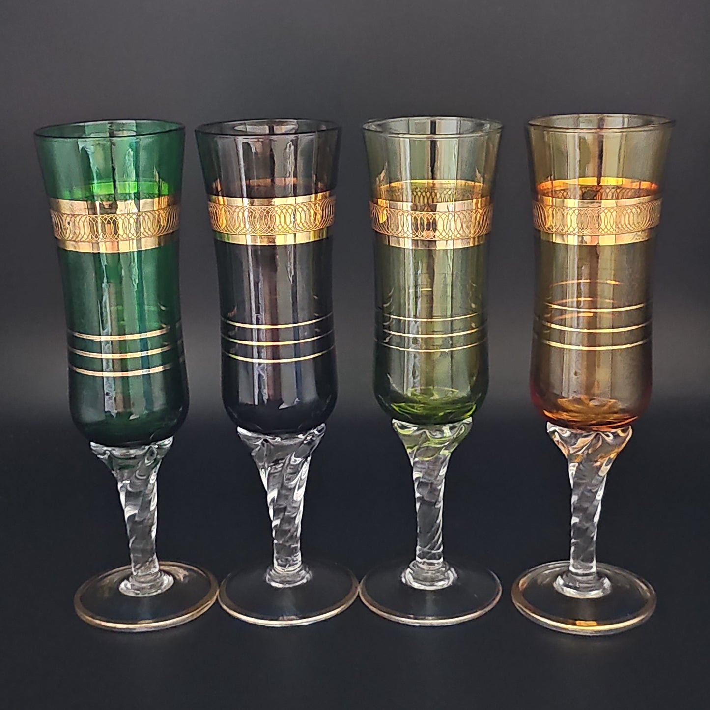 Vintage Stemmed Italian Murano Glass coloured Champagne Flutes