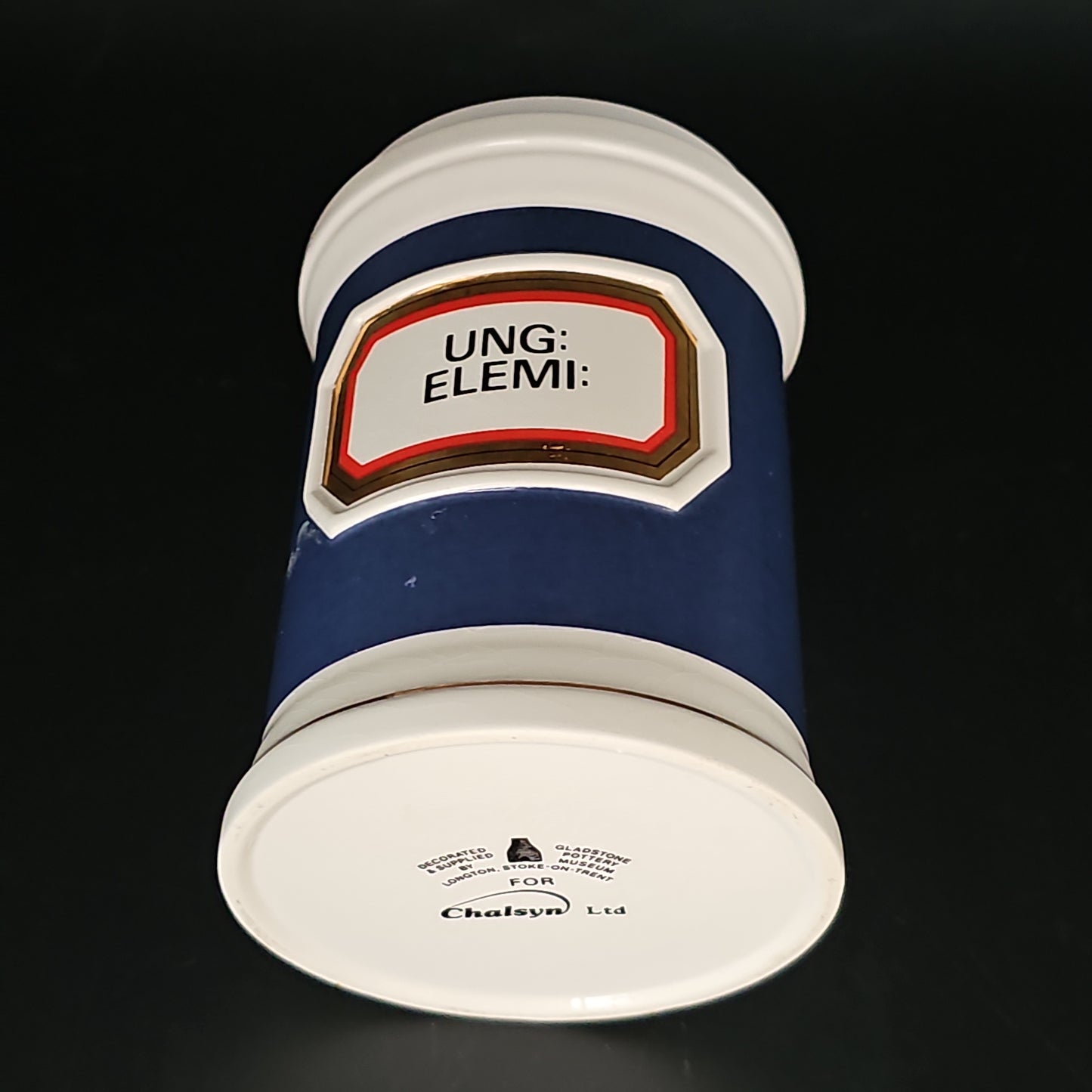 Rare Antique Style Gladstone Pottery Museum Chalsyn Ltd Apothecary Pharmacy Jar. Ung Elemi
