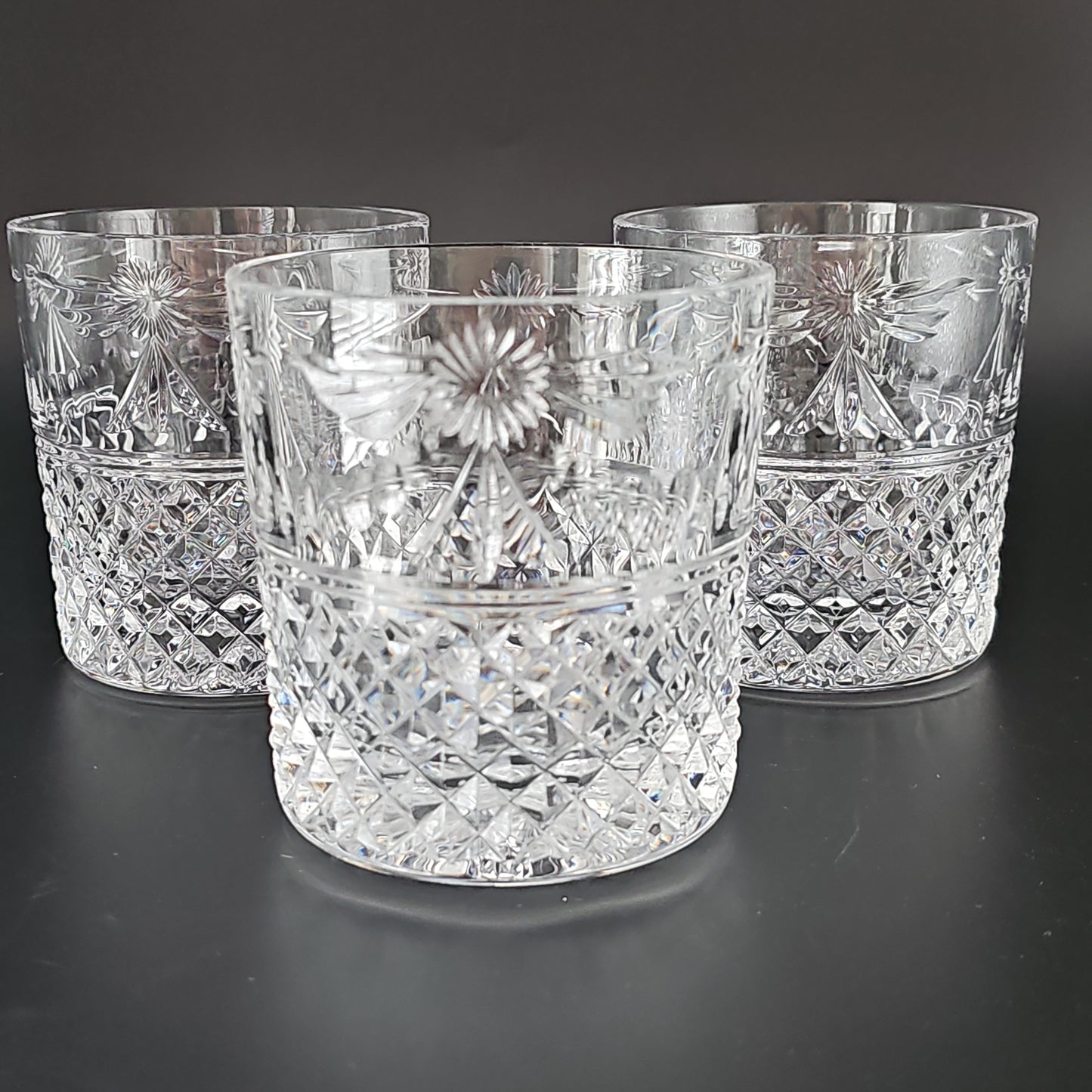 Trio Stuart Crystal Beaconsfield pattern Whisky Tumblers.10oz