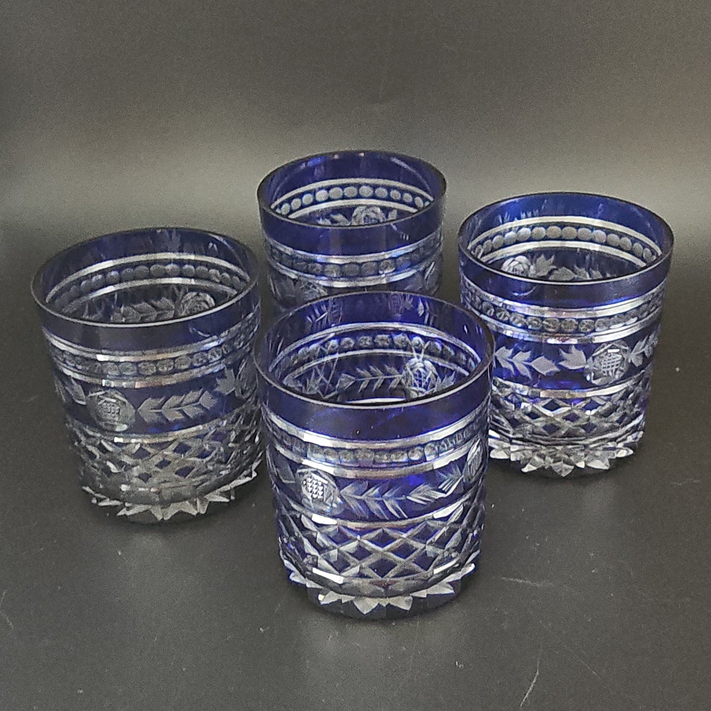 Set of 4 Bohemian Cobalt Blue Crystal tumblers. 9oz