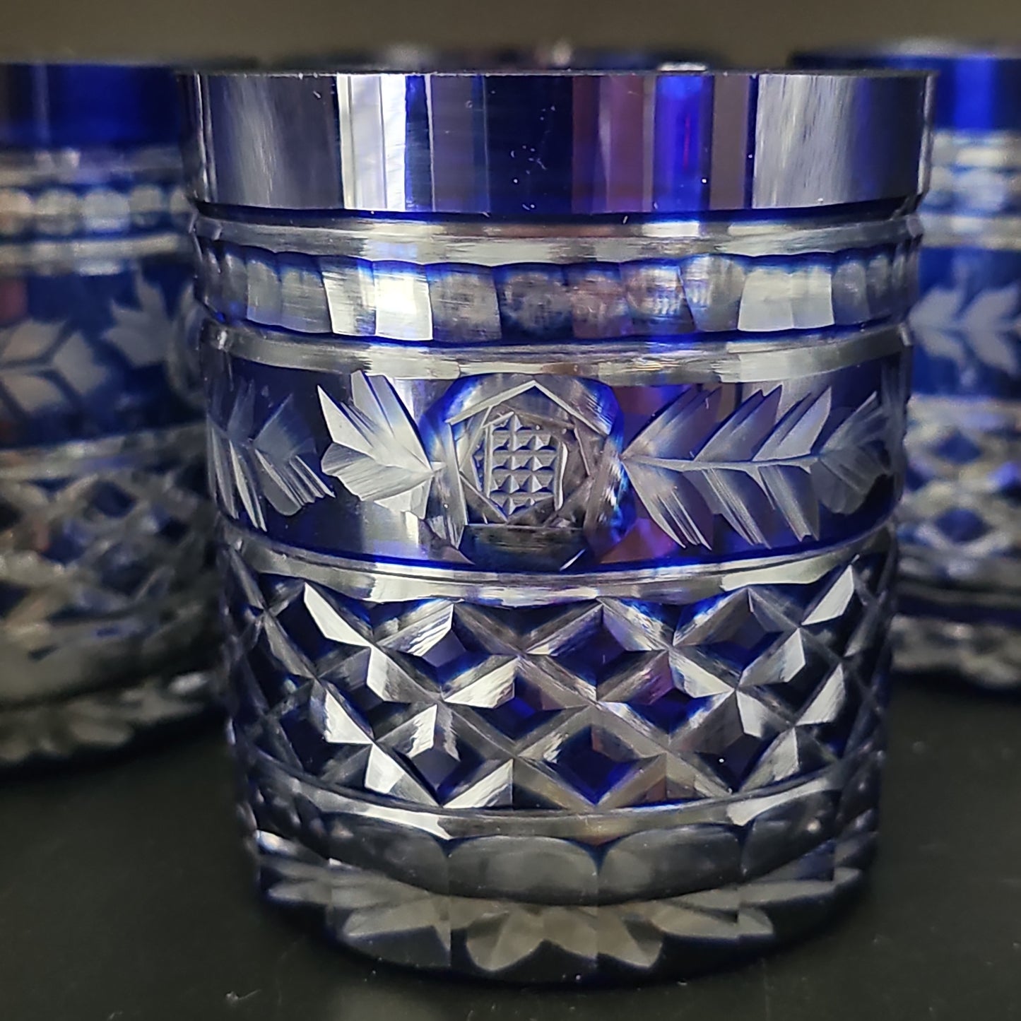 Set of 4 Bohemian Cobalt Blue Crystal tumblers. 9oz