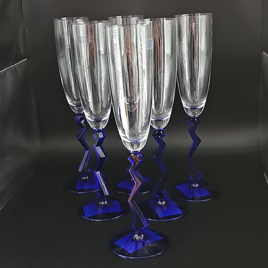 Schott Zwiesel Blue Crystal Zig Zag Champagne Flutes. Full set of 6.