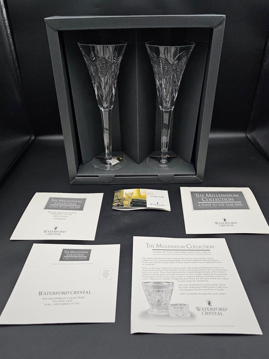 Waterford Crystal The Millennium Collection a toast to the Year 2000 Toasting Flutes Pair. First Toast Happiness