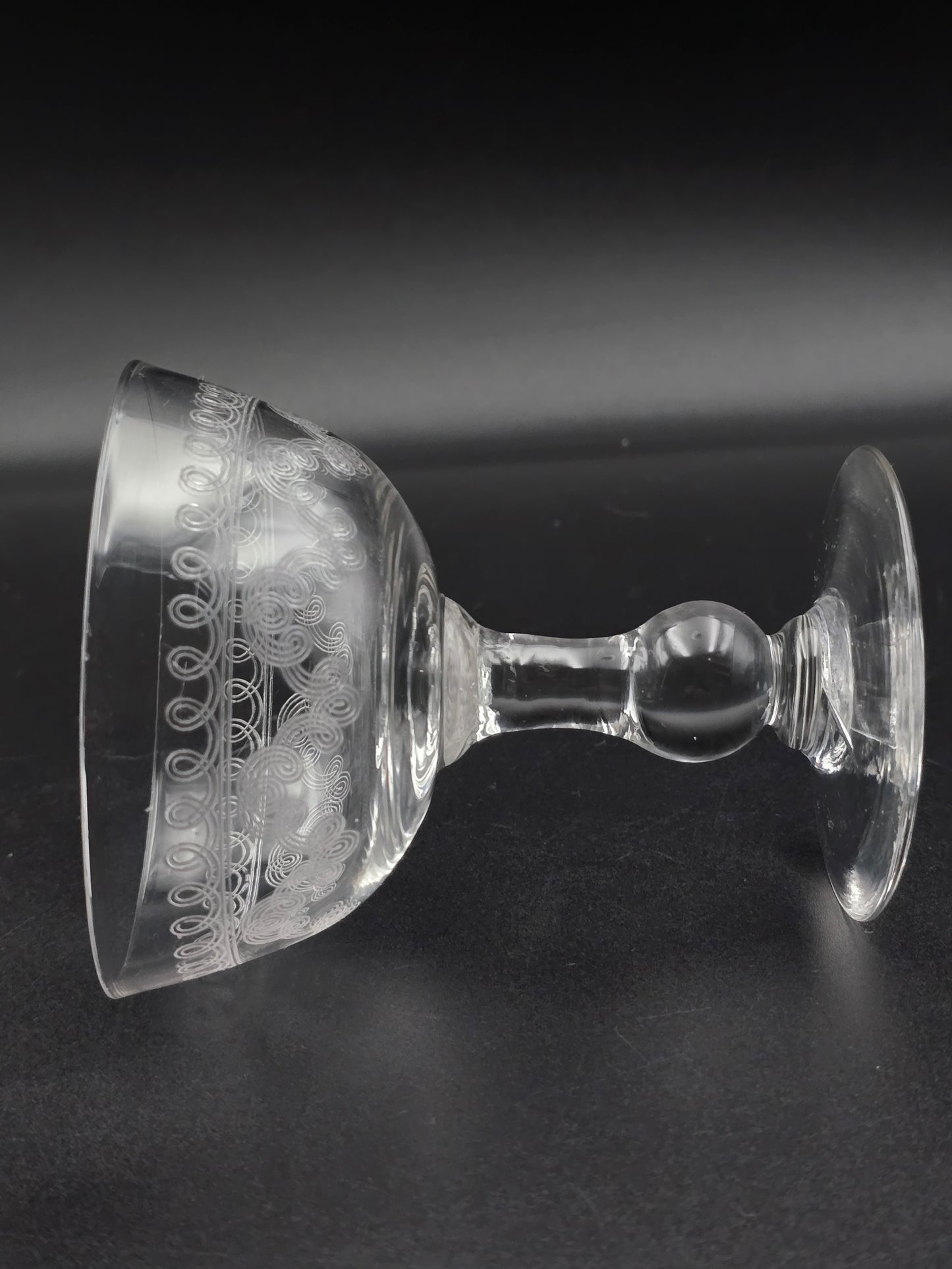 Set of 4 Edwardian Crystal Champagne Coupes – 200ml, Etched Swirl Design, Ball Stem, c.1900s