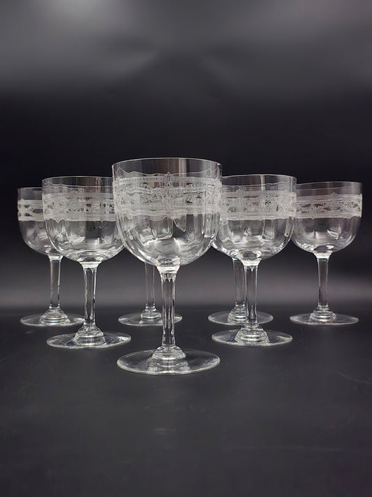 Antique French Needle-Etched Crystal Wine Glasses – Set of 7 Elegant 300ml Goblets with Trellis & Floral Design