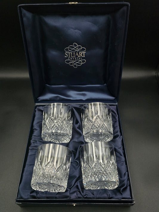 Boxed Set of 4 Stuart Crystal Hamilton Pattern Tumblers – 8 oz Heavy-Base Cut Crystal – England c. 1930s–50s