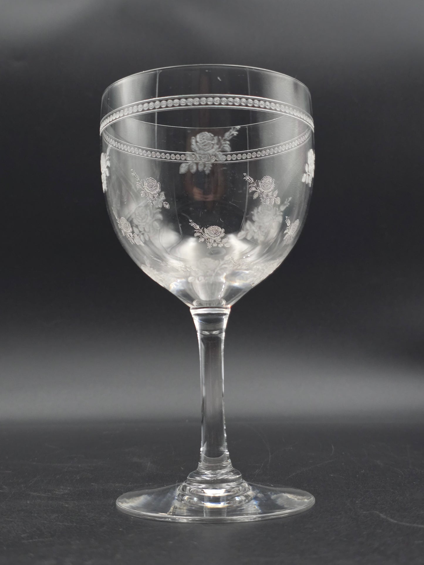 Antique Baccarat “Seme de Roses” Crystal Wine Glasses – Set of 7 Large 350ml Etched Rose Pattern Goblets c.1900 France