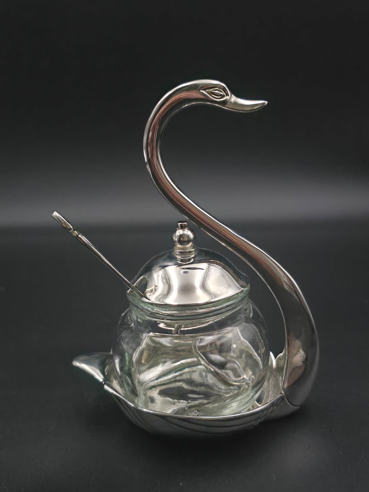 Vintage Chrome Swan Sugar Bowl with Spoon – Glass Insert – Art Deco Style Condiment Dish