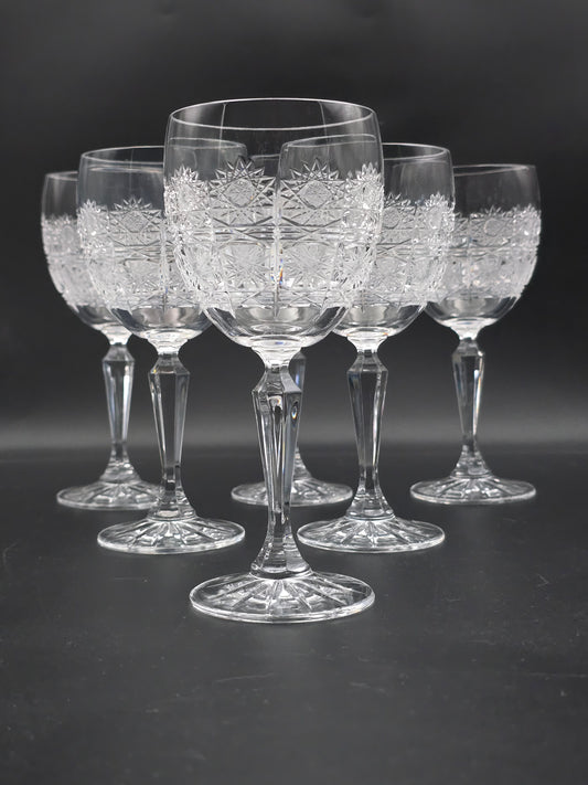 Set of 6 Bohemian vintage Crystal large wine glasses. 250ml