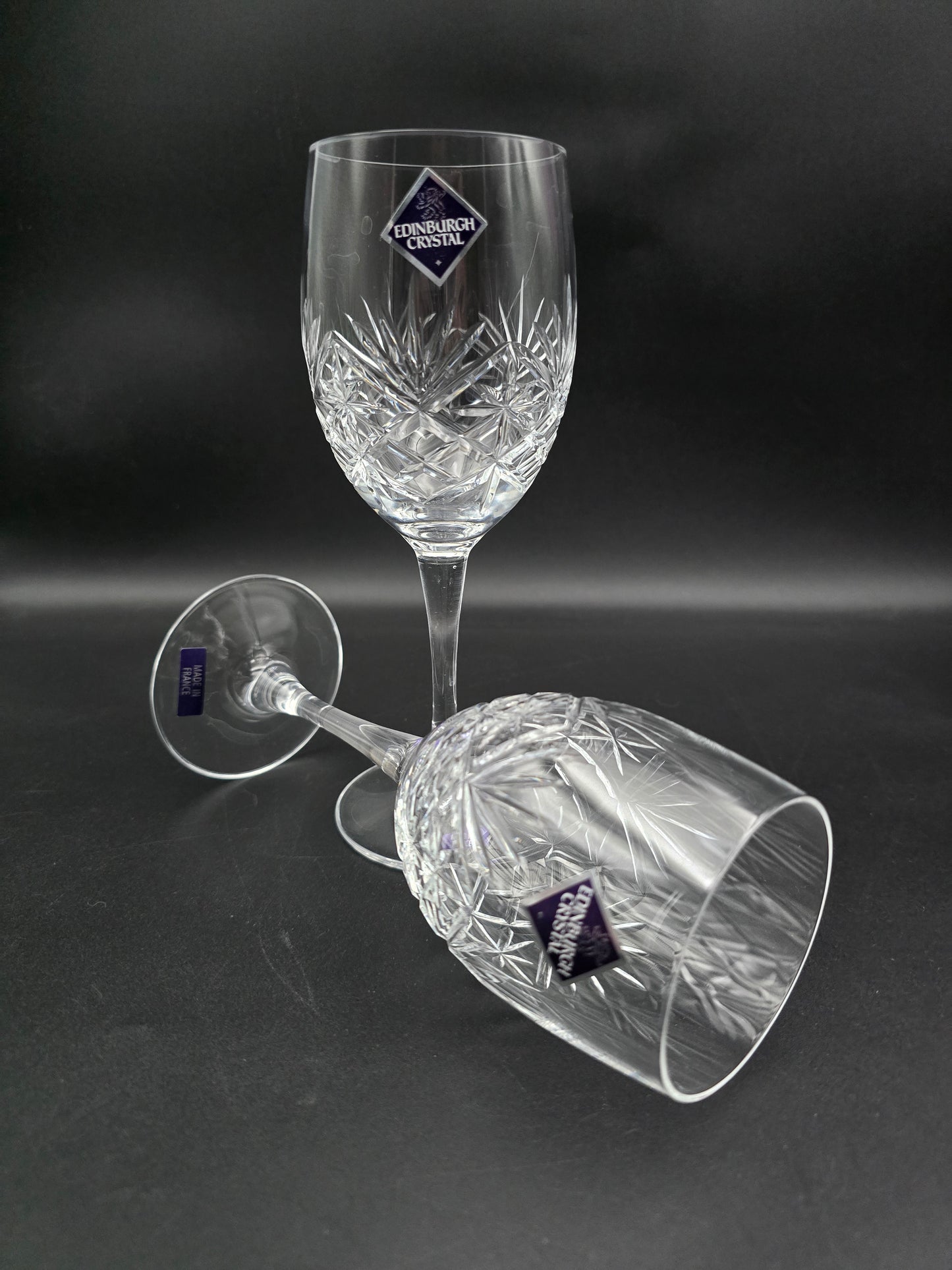 Pair of Large Edinburgh Crystal Duet Pattern Crystal wine glasses 250ml 18.5cm tall.