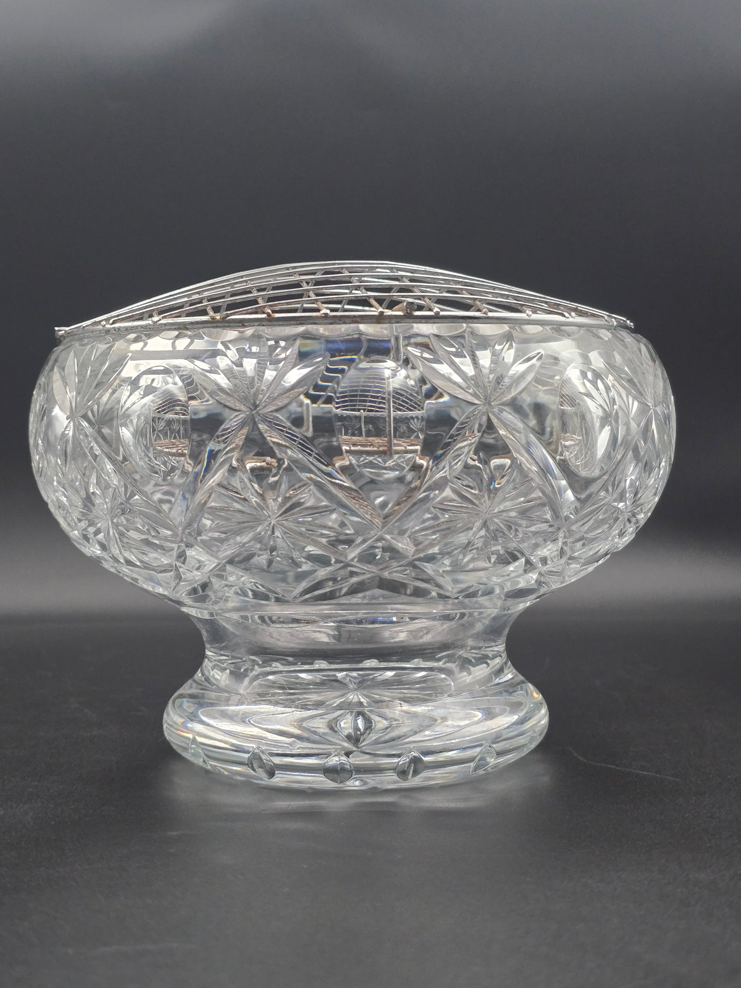 Vintage Heavy Cut Crystal Rose Bowl with Flower & Thumbprint Design, Star-Cut Base, 7.5" Wide, 2.57kg