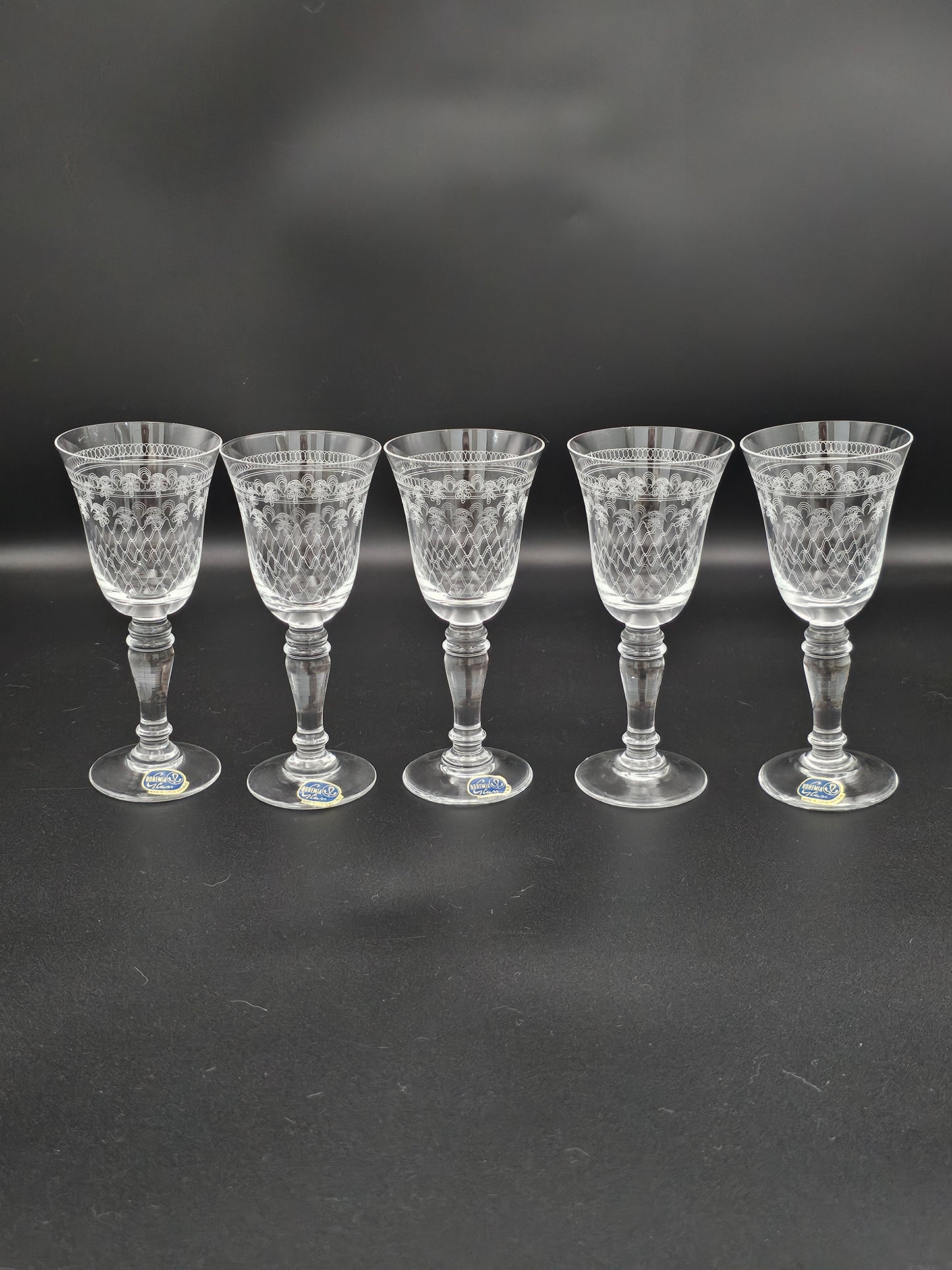 5 Vintage Bohemian Pall Mall pattern liqueur or Sherry glasses. 100ml