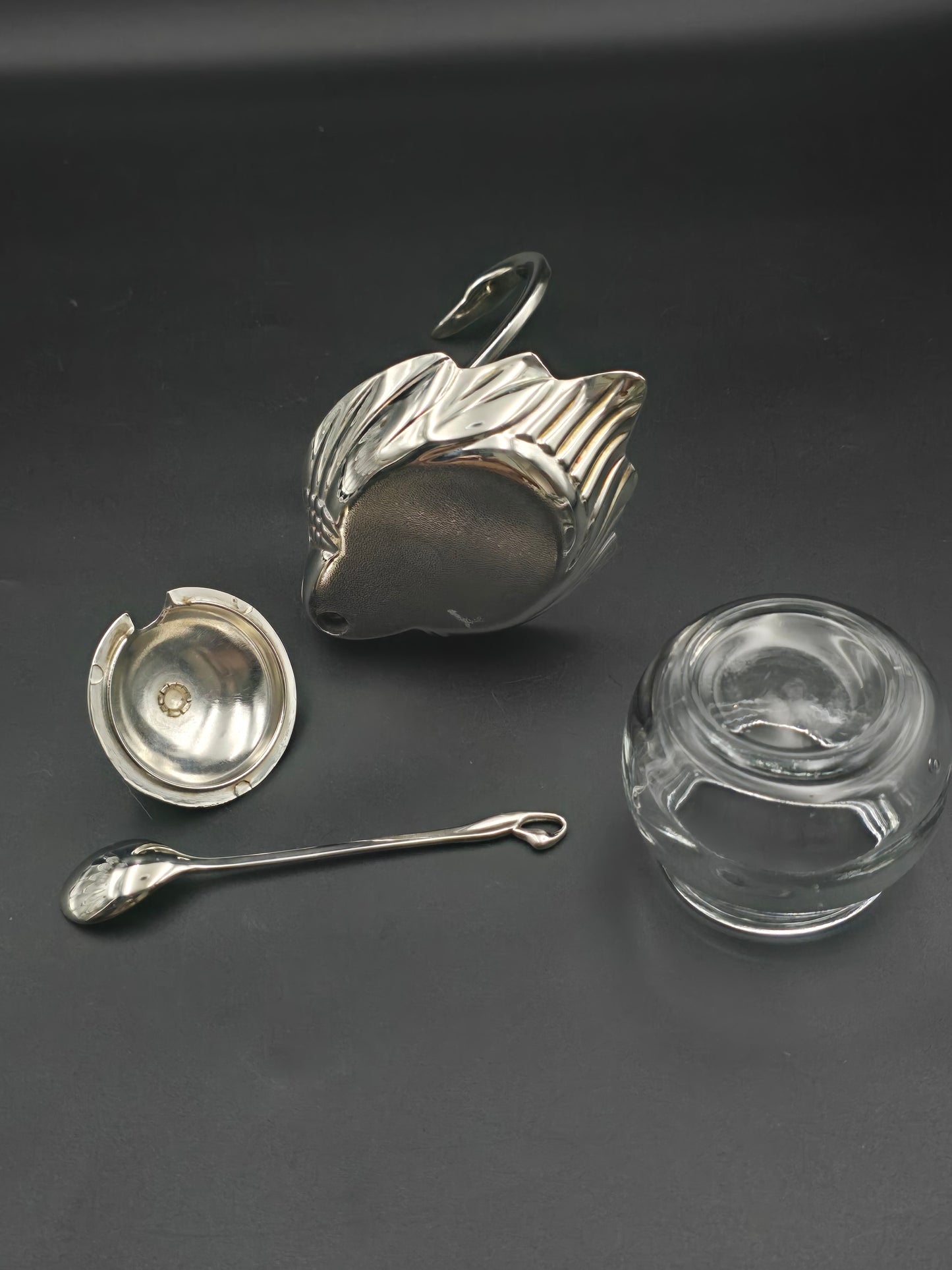 Vintage Chrome Swan Sugar Bowl with Spoon – Glass Insert – Art Deco Style Condiment Dish