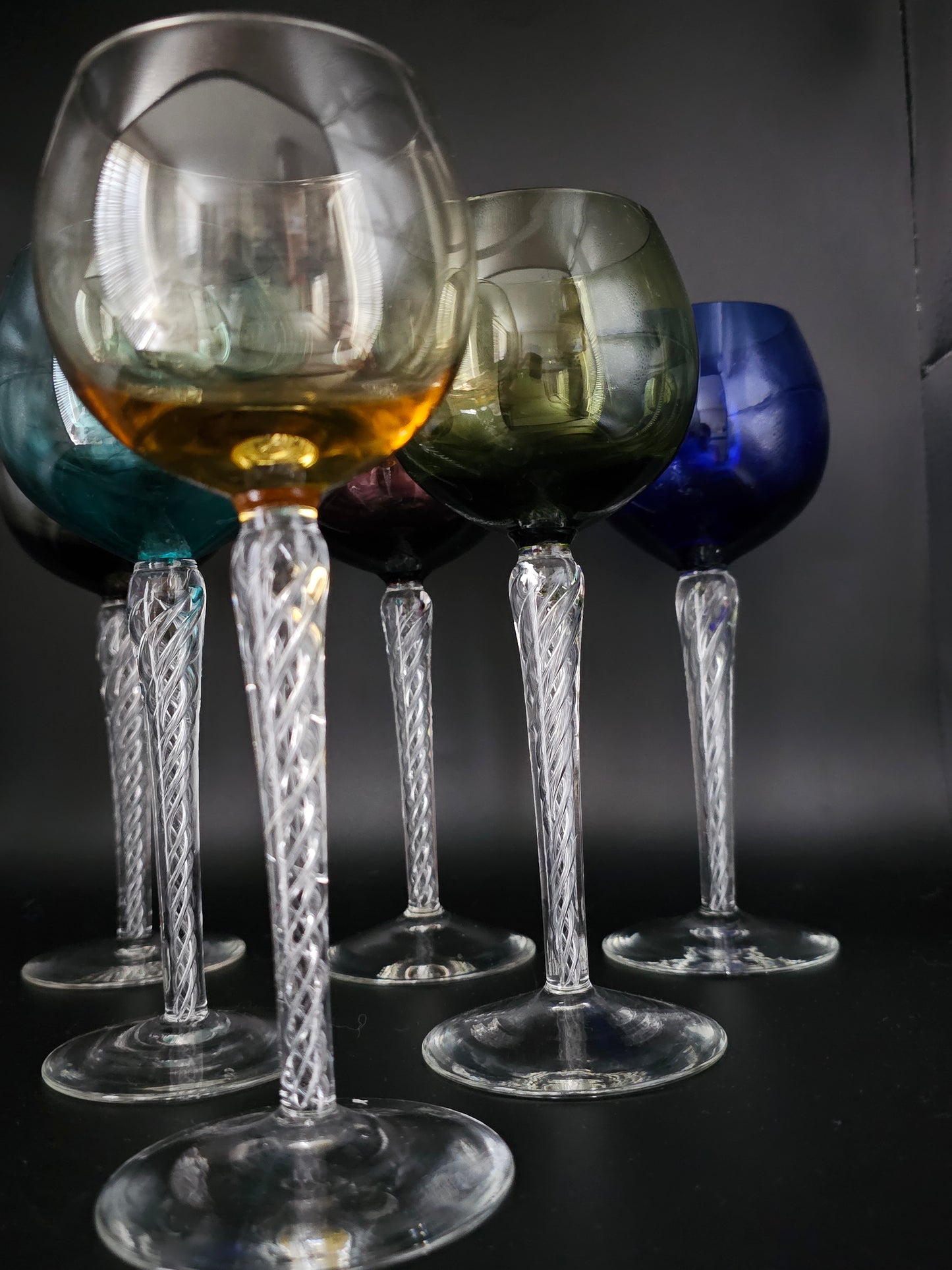 Set of 6 Coloured Air Twist Stem Coloured Crystal Hock Glasses. 250ml