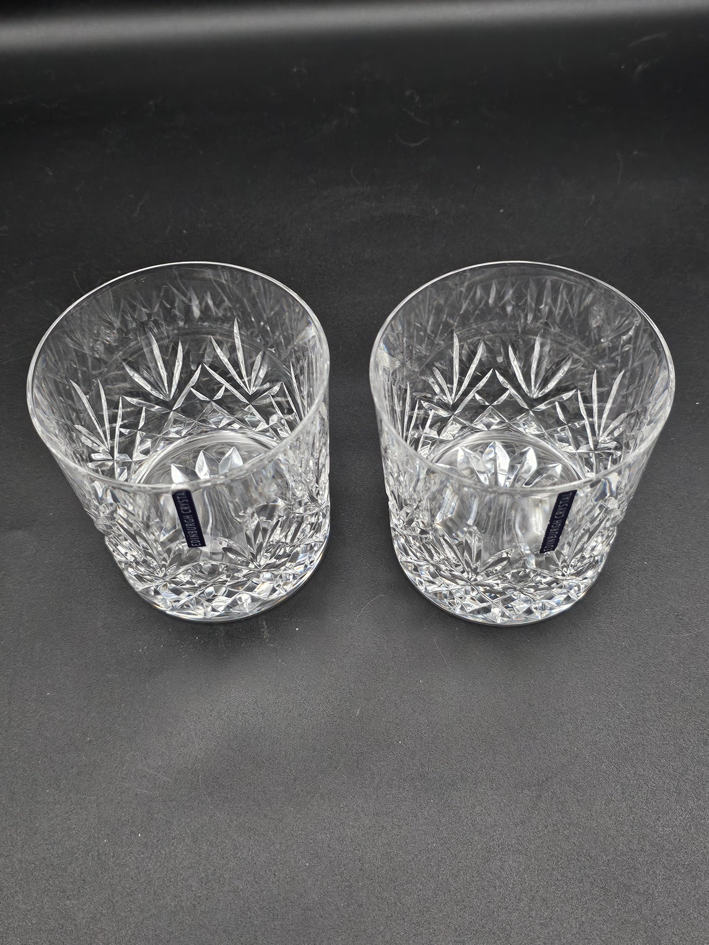 Pair of Edinburgh Crystal Tay Pattern 9oz Whisky Tumblers with lables Boxed