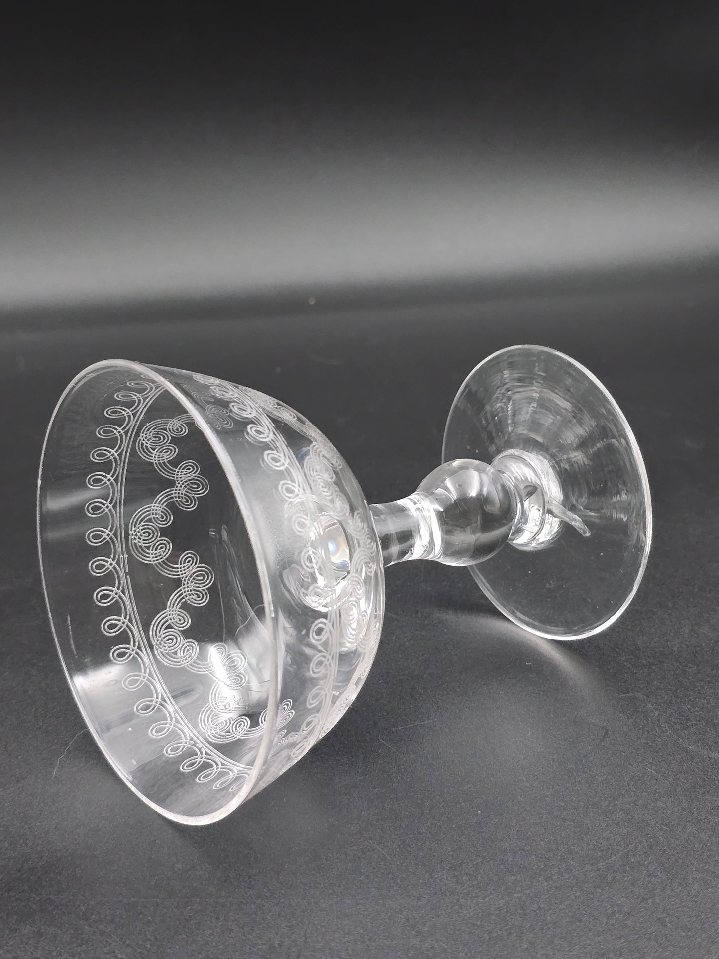 Set of 4 Edwardian Crystal Champagne Coupes – 200ml, Etched Swirl Design, Ball Stem, c.1900s