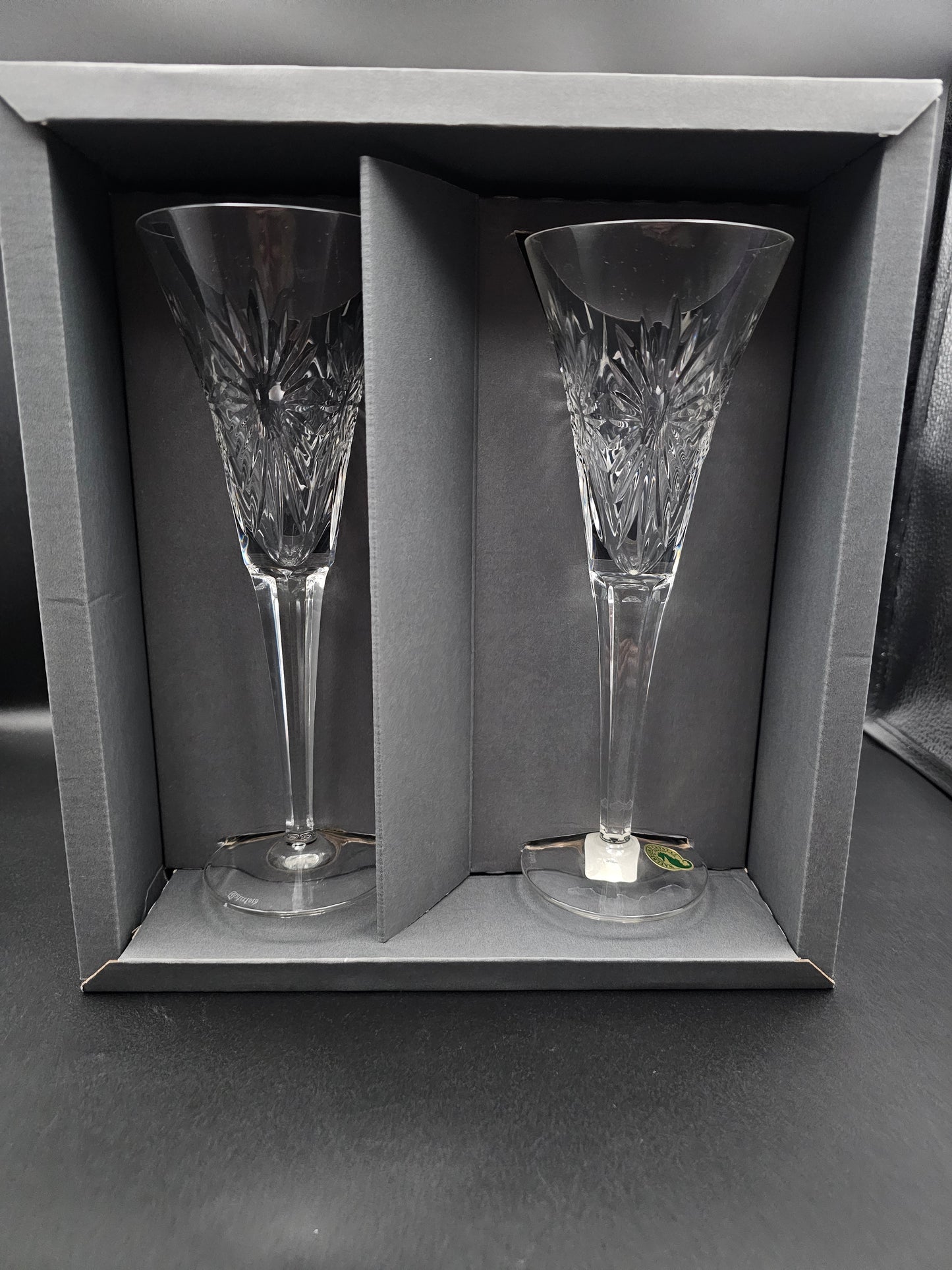 Waterford Crystal Champagne Pair of trumpet flutes.The Millennium Collection a toast to the year 2000.Third Toast Health. 23.5cm tall