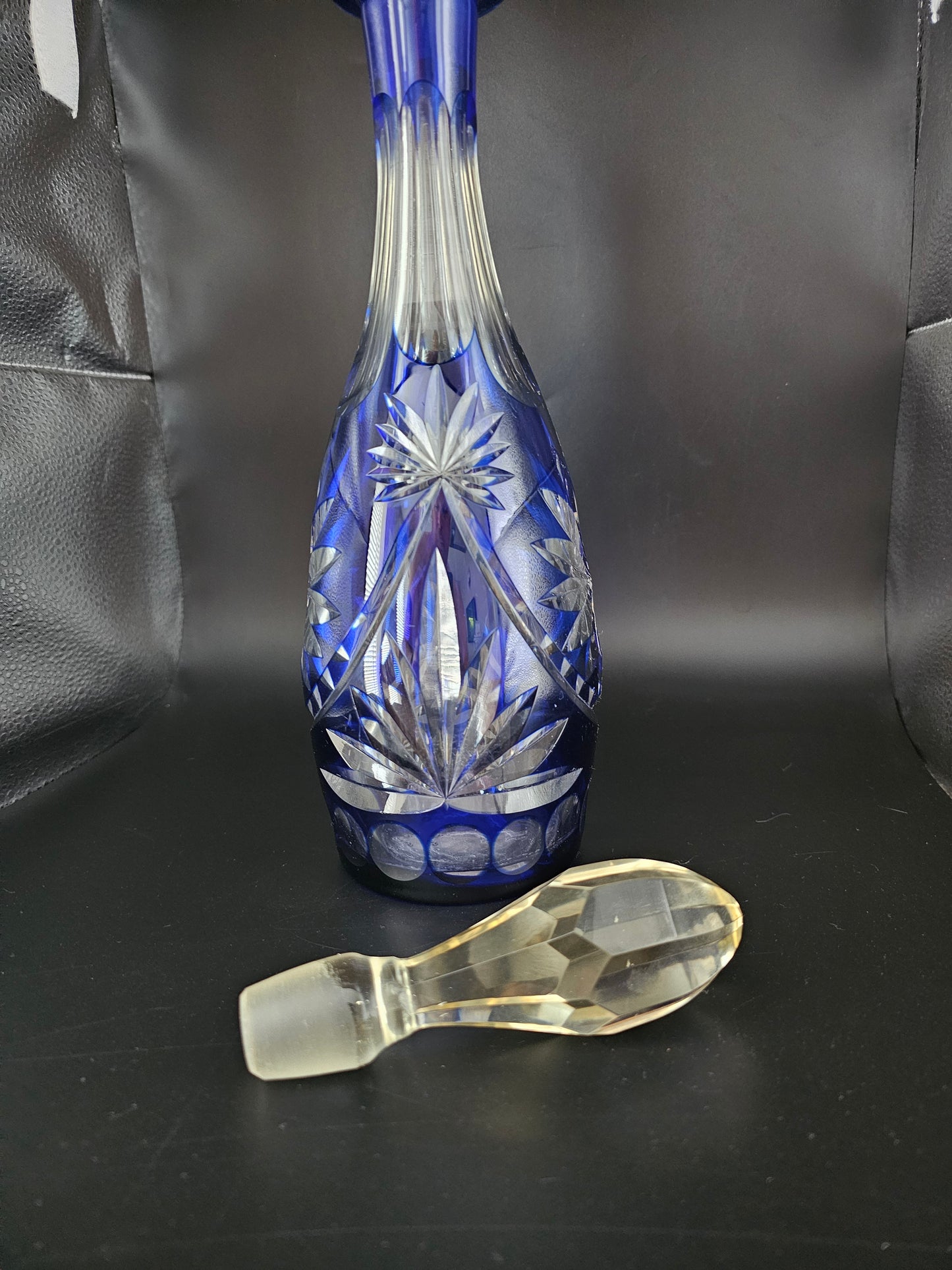 Cobalt Blue Cut to Clear Crystal Bohemian Decanter. 39cm