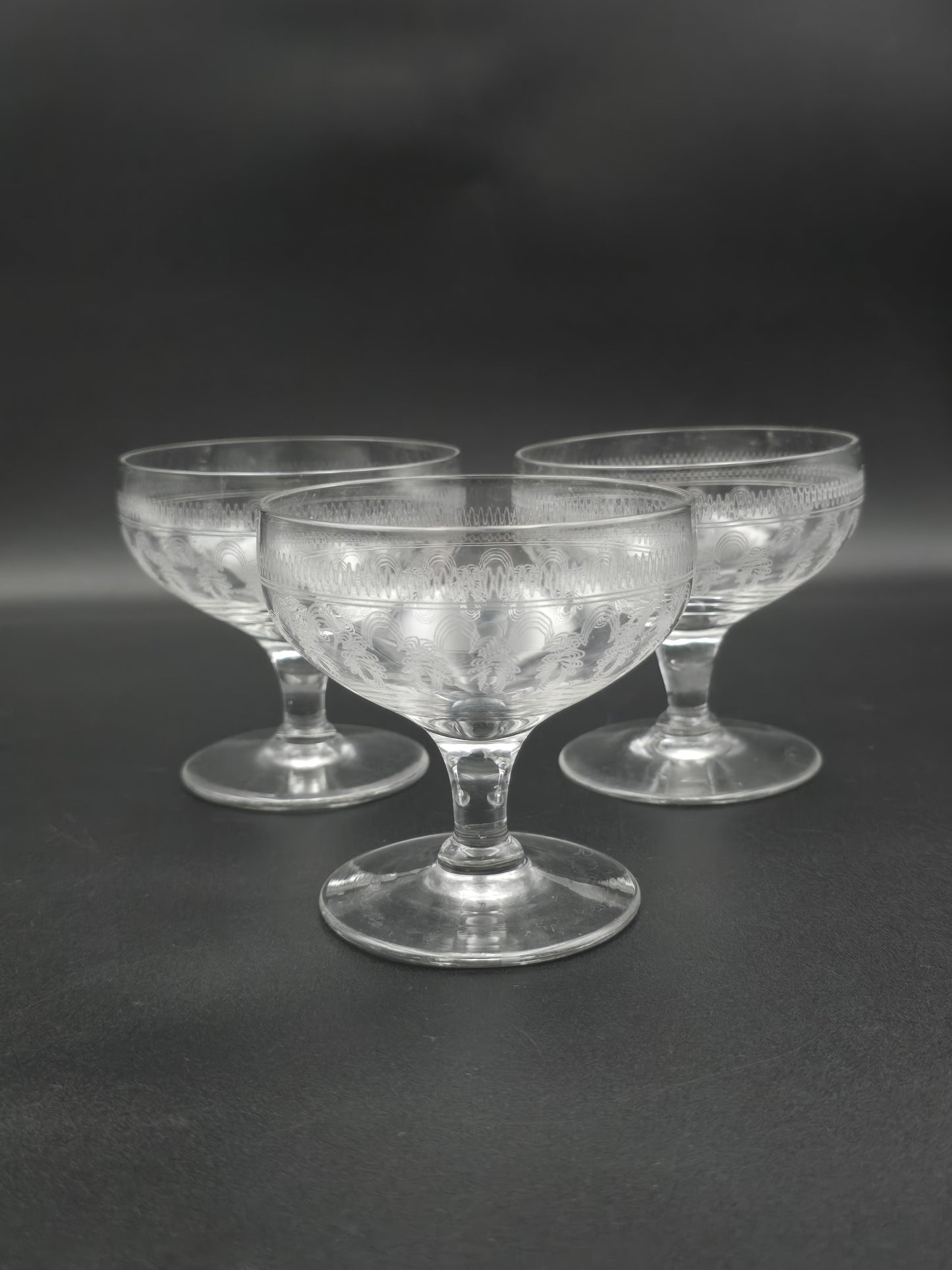 Elegant trio Lady Hamilton Pall Mall Crystal Champagne Coupes. 200ml