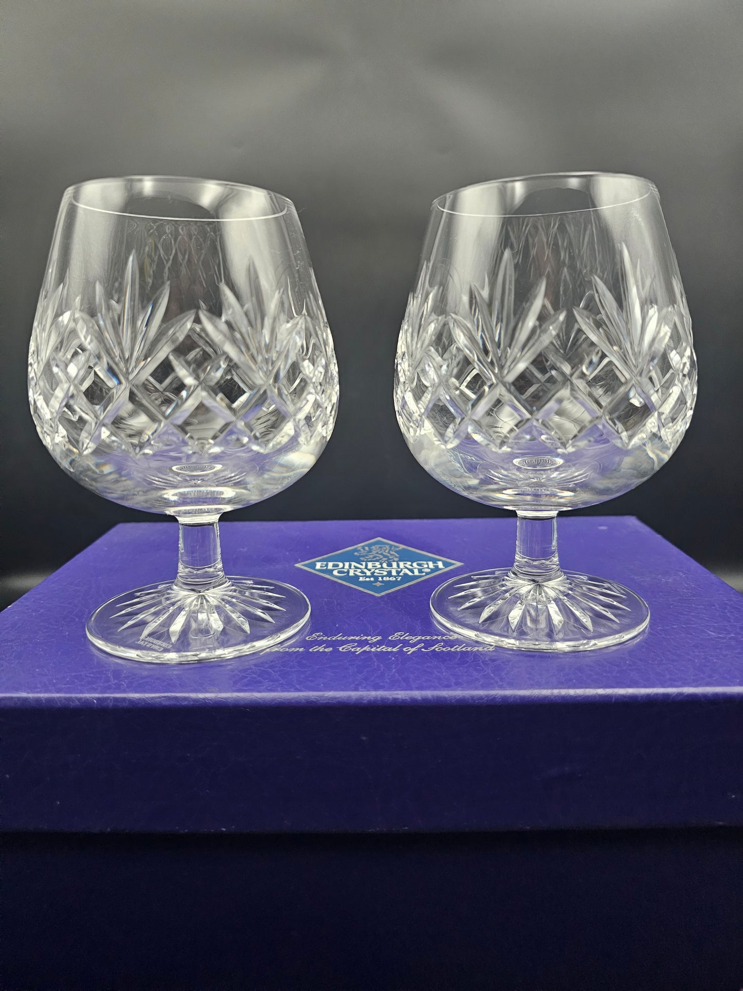 Pair of Edinburgh Crystal Tay Pattern Brandy Glasses 12oz boxed