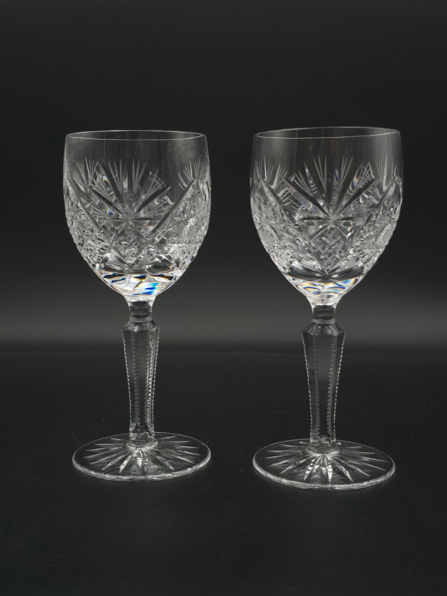 Pair of Vintage Cut Small Crystal Wine or Sherry Glasses – 150ml | Tapered Textured Stem | Star Base | British c.1950s–70s
