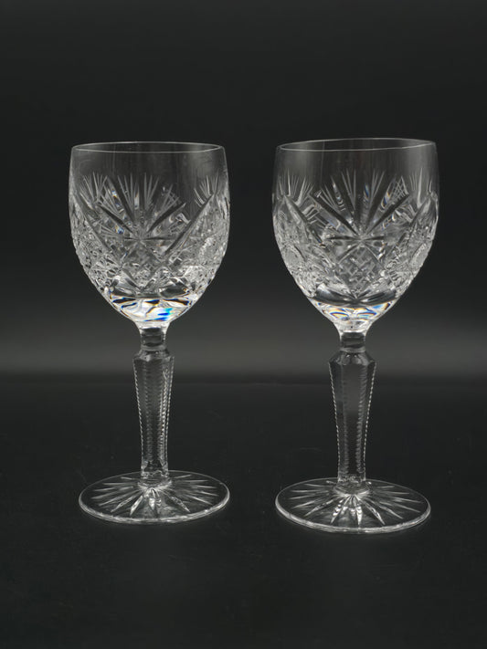 Pair of Vintage Cut Small Crystal Wine or Sherry Glasses – 150ml | Tapered Textured Stem | Star Base | British c.1950s–70s