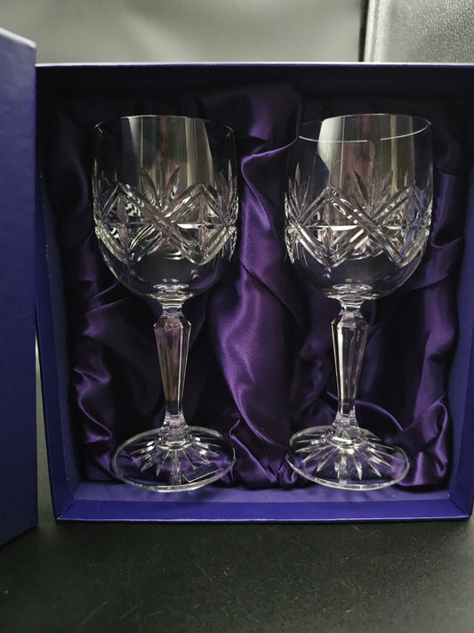 Pair of Large Edinburgh Crystal Ness Pattern wine glasses. 220ml boxed