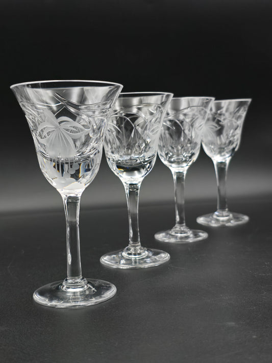 Set of 4 Royal Brierley Fuchsia Pattern Crystal Sherry or Port Glasses – 80ml – Signed, Heavy, Vintage English Crystal