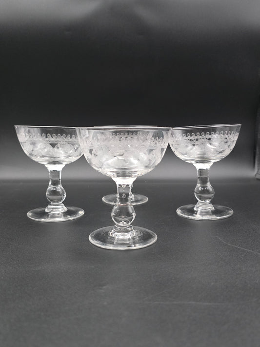 Set of 4 Edwardian Crystal Champagne Coupes – 200ml, Etched Swirl Design, Ball Stem, c.1900s