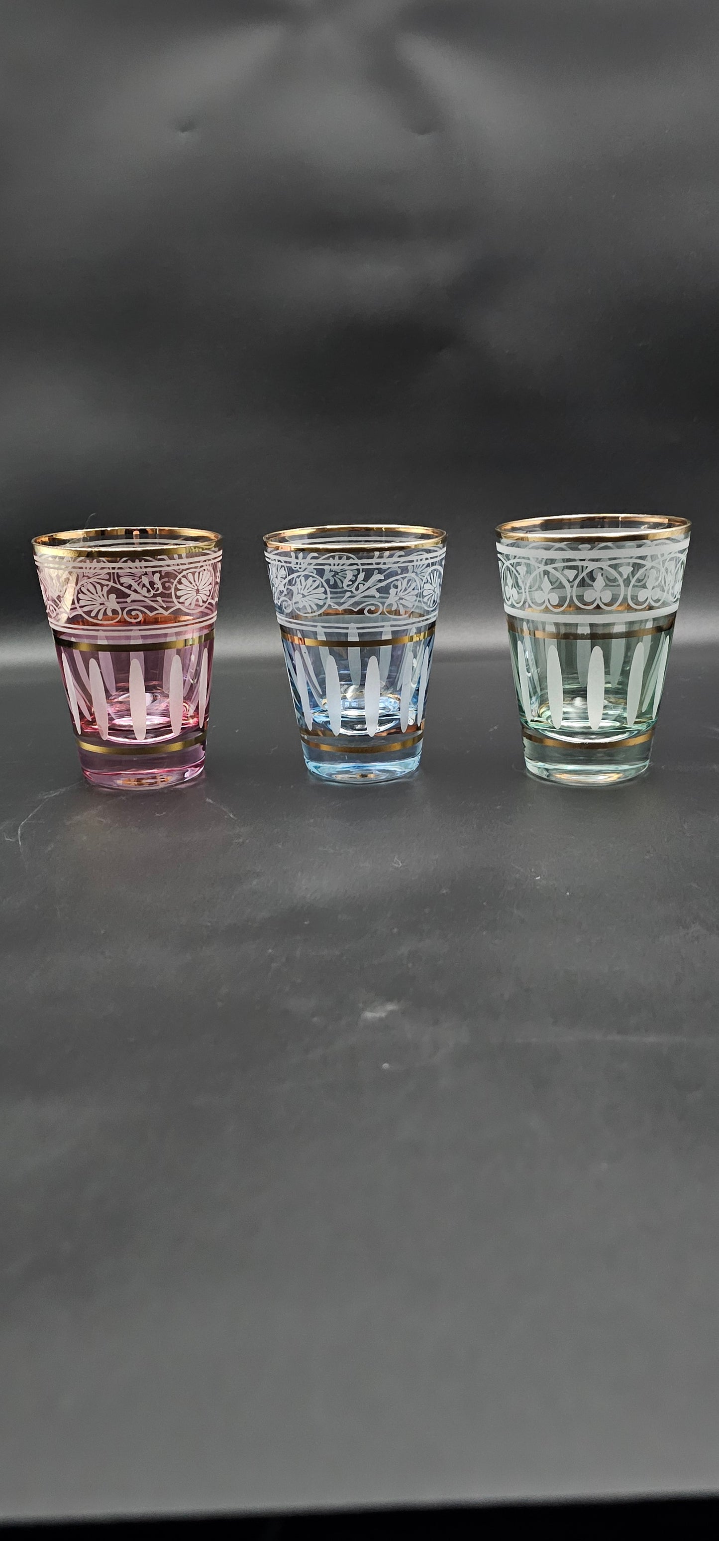 Trio of Coloured Tumblers with Gold coloured banding