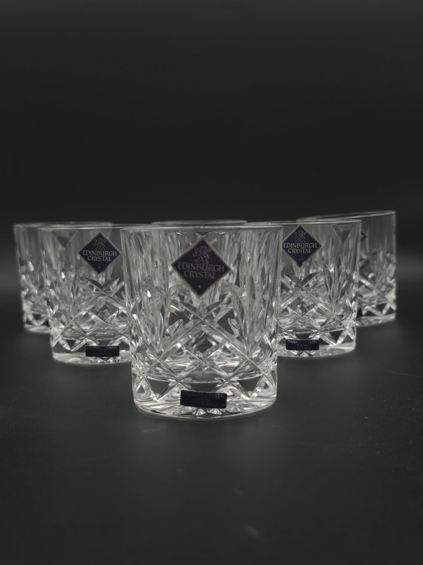 Boxed Set of 6 Edinburgh Crystal Tumblers – 7oz | Fan & Leaf Cut | Star Base | Satin-Lined Case | Scotland c.1990s–2000s
