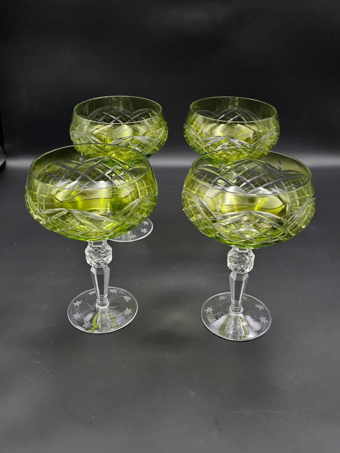 Set of 4 Overlay Green Crystal Coupe glasses