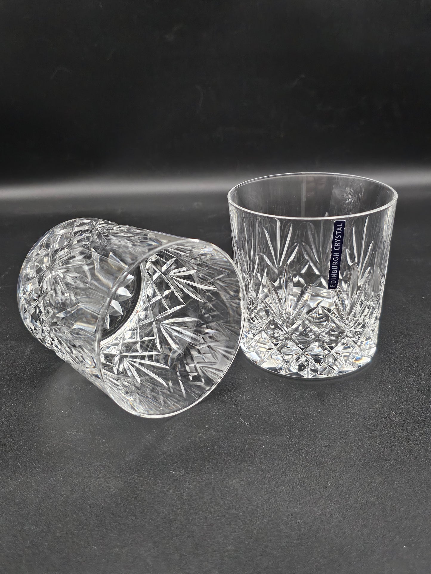 Pair of Edinburgh Crystal Tay Pattern 9oz Whisky Tumblers with lables Boxed