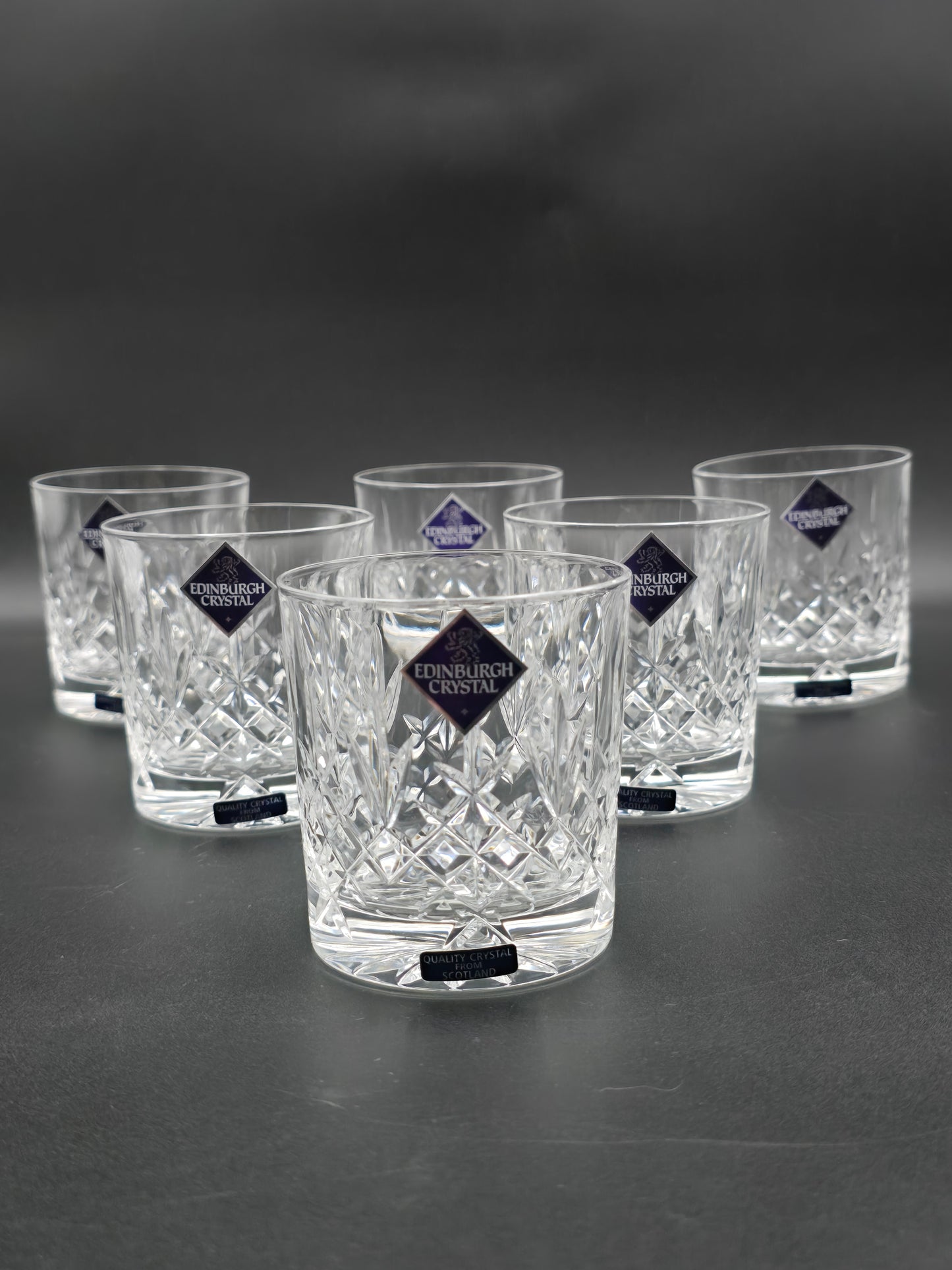Set of 6 Vintage Edinburgh Crystal Lomond Pattern Crystal whisky tumblers. Boxed. 7oz