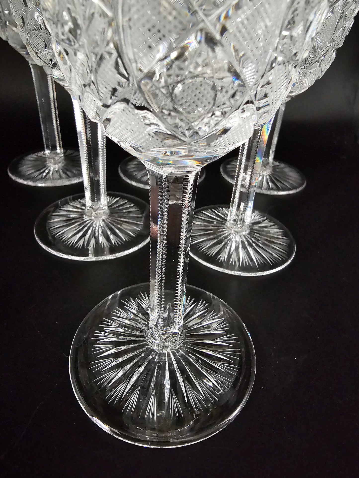 Vintage Set of Six Beautiful Czech Bohemian Clear Cut Crystal Wine or Sherry Glasses. 100ml. 14cm