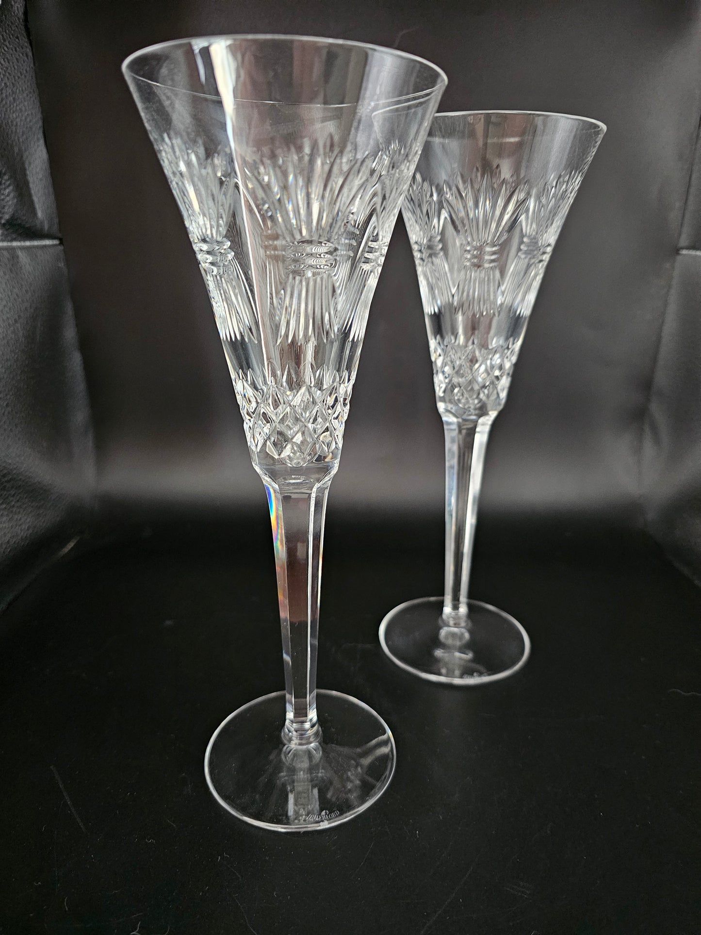 Vintage Pair of Fine Waterford Crystal Glass Champagne Fluted Goblets Glasses.Millennium Collection Prosperity. 23.5cm tall