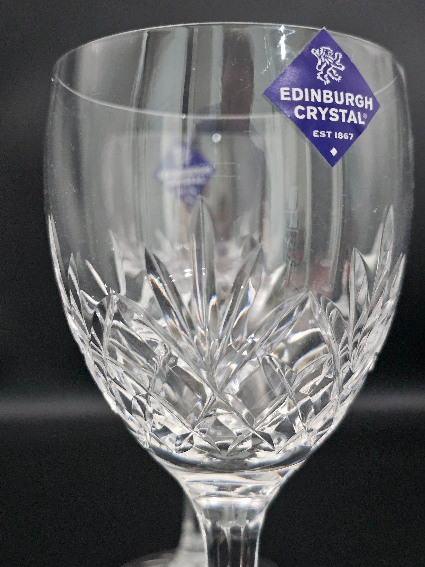 Pair of Edinburgh Crystal Tay Pattern Wine Glasses. 275ml. 19cm tall. Boxed.