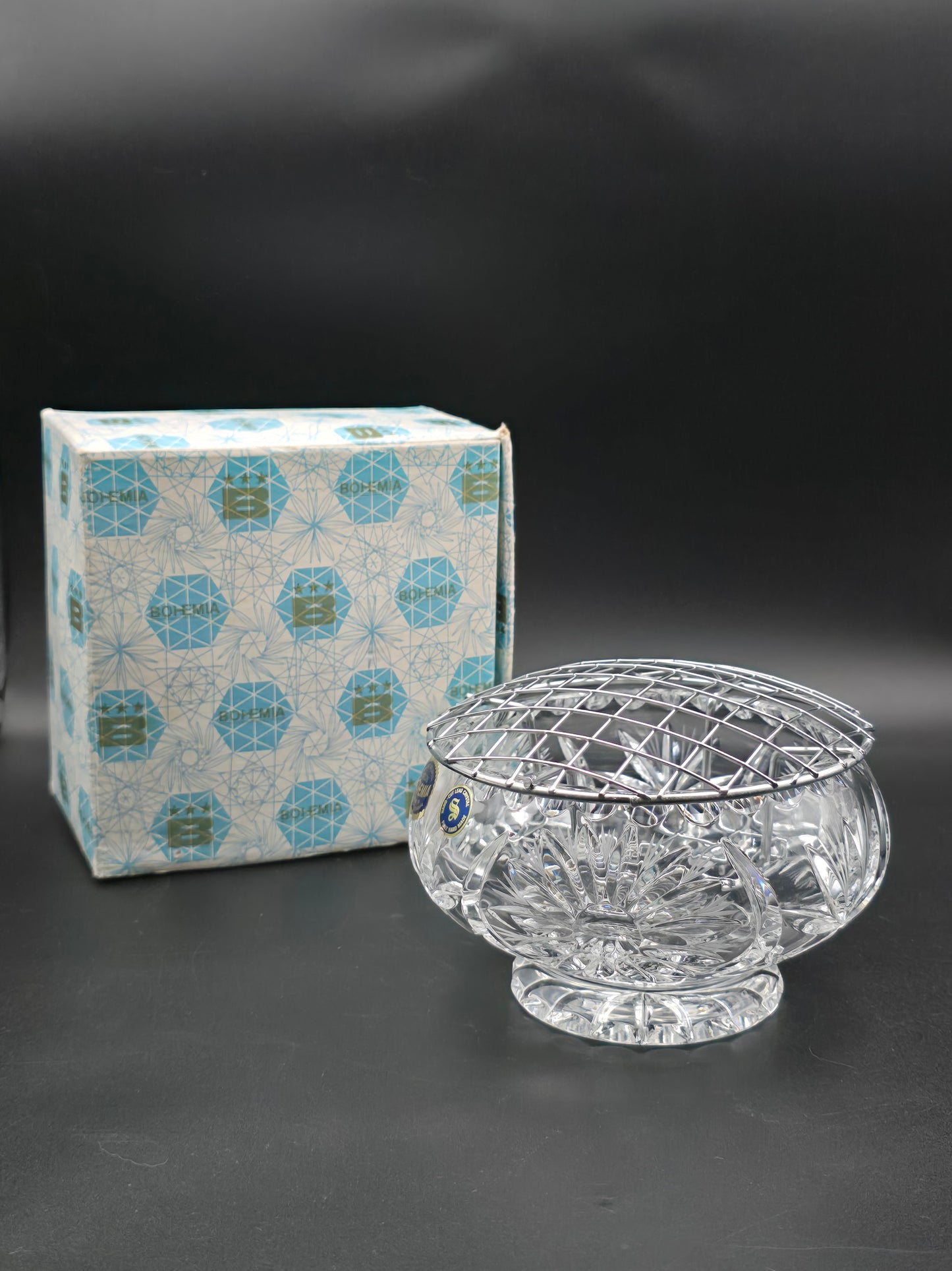 Bohemia Lead Crystal Rose Bowl with Double Mesh Frog – 6” Boxed, Hand Cut Star Base, Made in Czechoslovakia